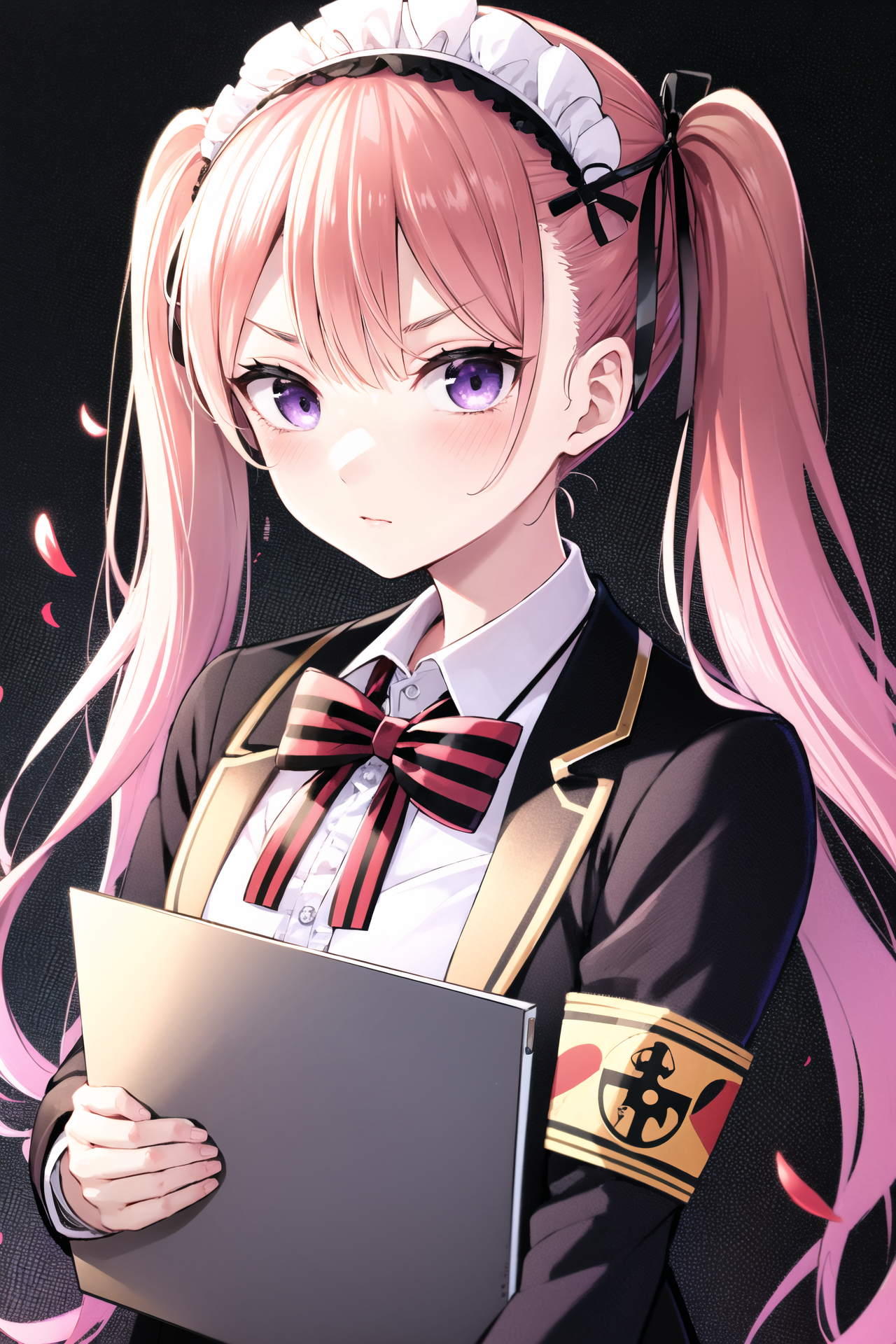 17302-2482044915-1girl, solo, bow, twintails, purple eyes, long hair, armband, looking at viewer, bowtie, blush, striped, red bow, holding, white.png